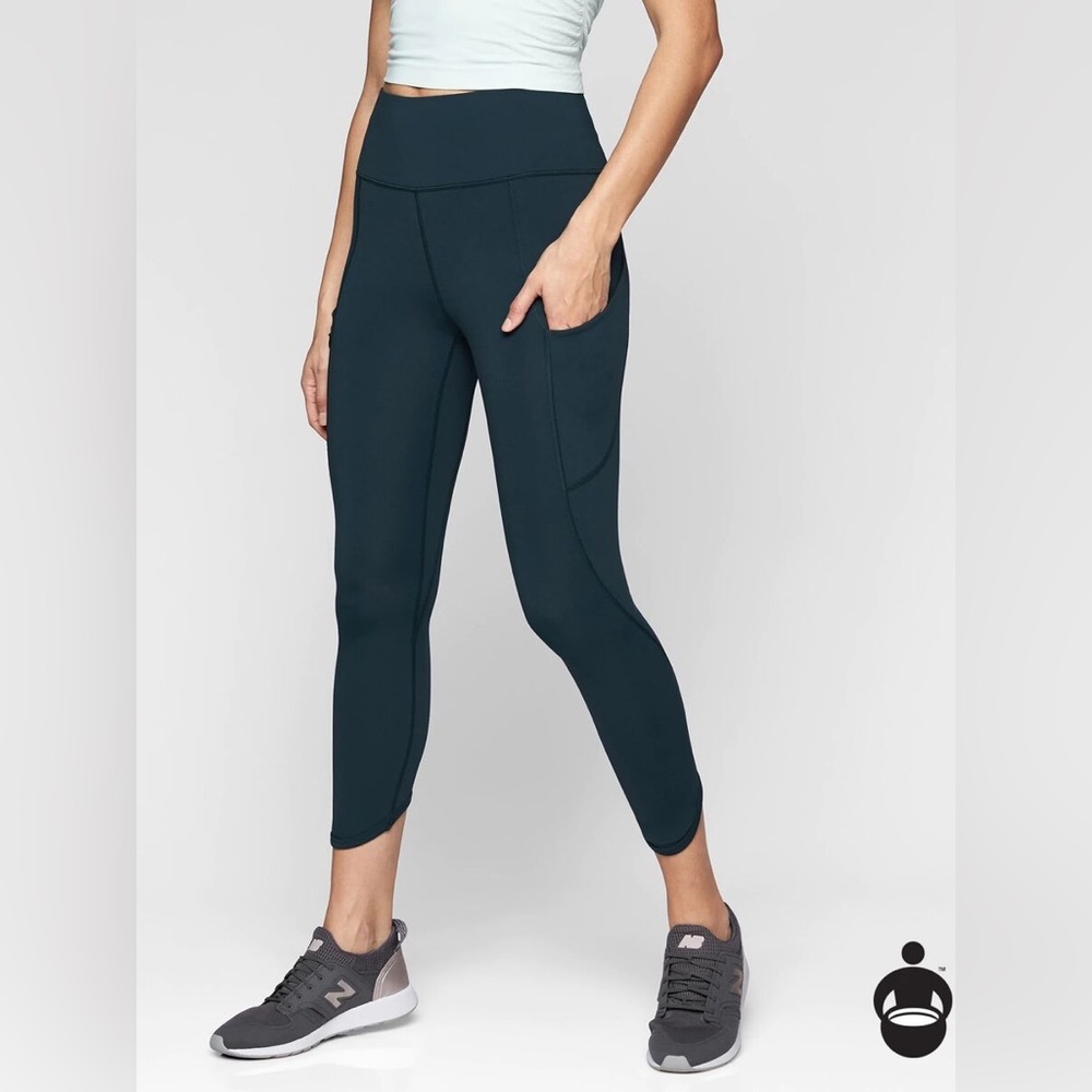 Athleta Dark Teal High-Waist Cropped Leggings with Side Pockets